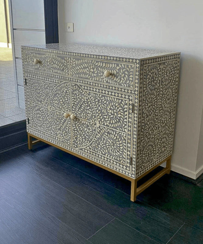 Grey Scroll Vine Handmade Sideboard | Bone Inlay Farmhouse Style Buffet & Sideboard - Bone Inlay Furnitures