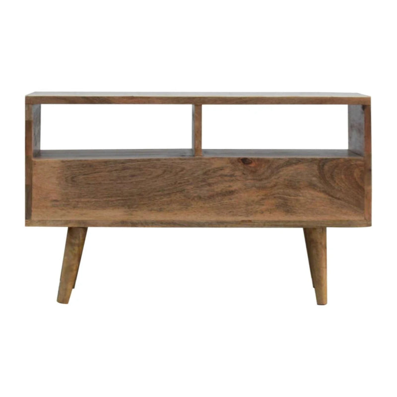 White bone inlay TV unit with floral pattern, two open media storage bays above dual drawers, solid mango wood tapered legs, cream finish.