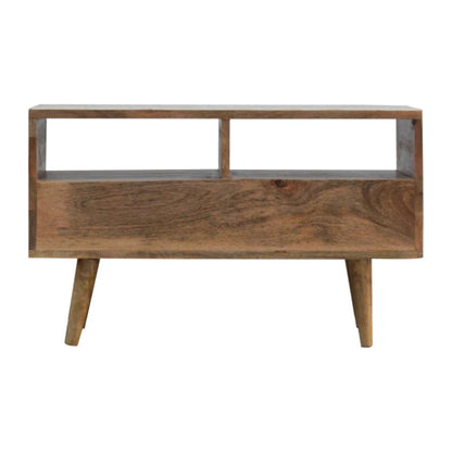 White bone inlay TV unit with floral pattern, two open media storage bays above dual drawers, solid mango wood tapered legs, cream finish.