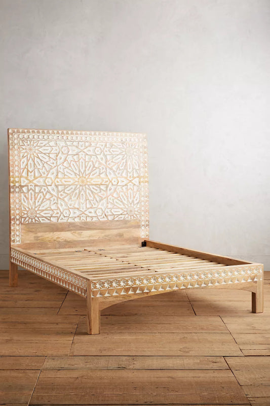 Hand - Carved Albaran Bed | Platform Bed with Headboard Beds & Bed Frames - Bone Inlay Furnitures
