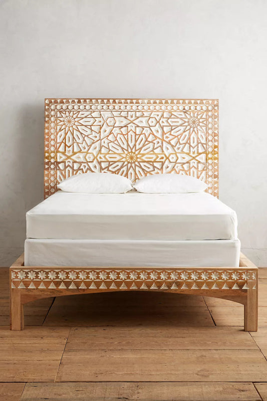 Hand - Carved Albaran Bed | Platform Bed with Headboard Beds & Bed Frames - Bone Inlay Furnitures