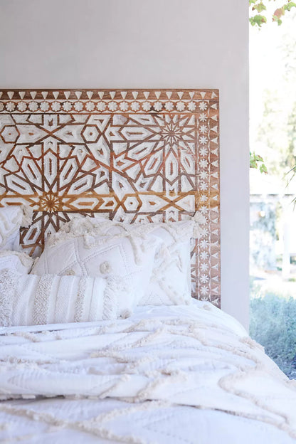 Hand - Carved Albaran Bed | Platform Bed with Headboard Beds & Bed Frames - Bone Inlay Furnitures