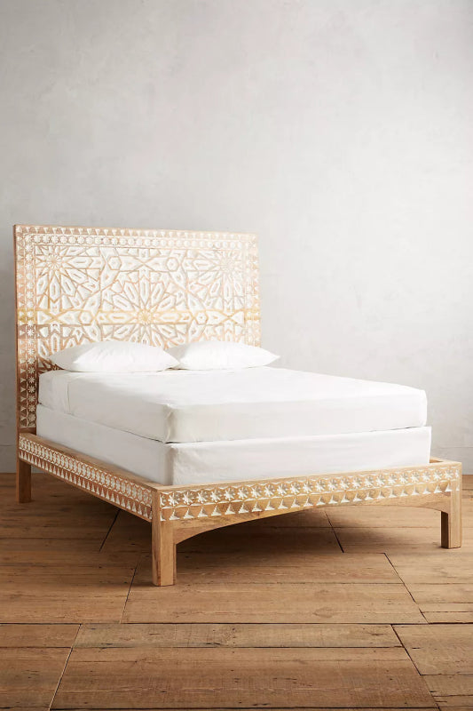 Hand - Carved Albaran Bed | Platform Bed with Headboard Beds & Bed Frames - Bone Inlay Furnitures