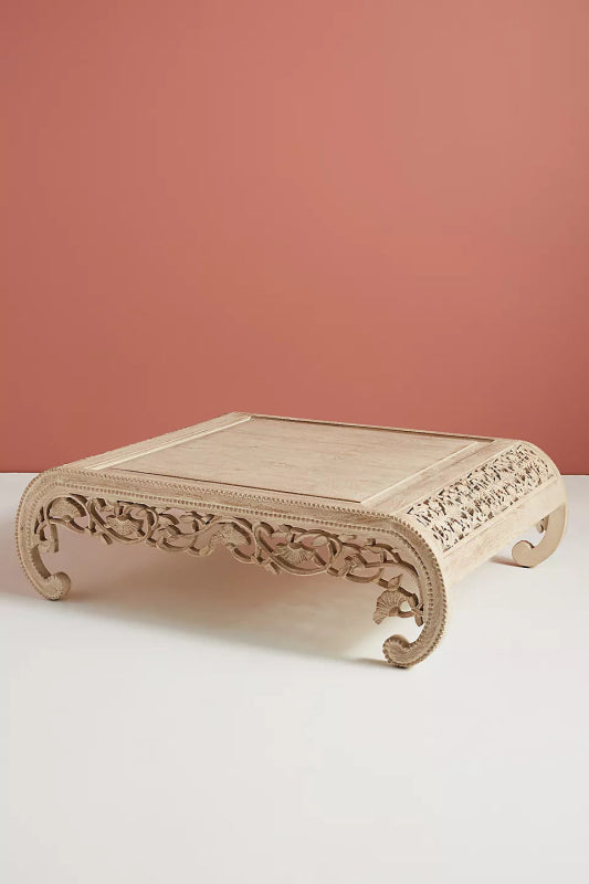 Hand - Carved Artisanal Floral Motif Wooden Center Coffee Table coffee table - Bone Inlay Furnitures