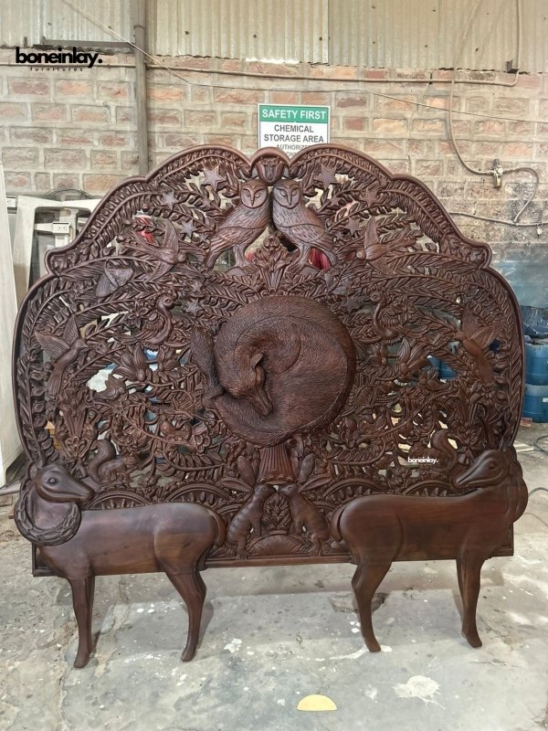 Hand Carved Big Bed Headboard in Deer Design Beds & Bed Frames - Bone Inlay Furnitures