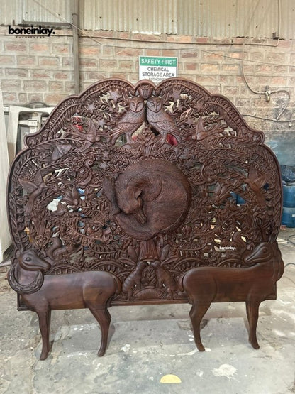 Hand Carved Big Bed Headboard in Deer Design Beds & Bed Frames - Bone Inlay Furnitures
