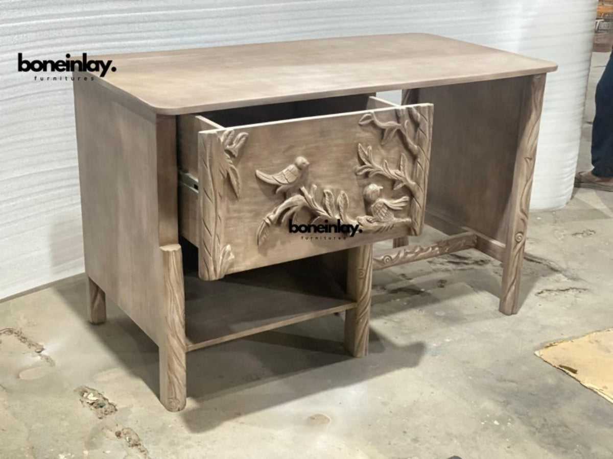 Two-drawer console desk in light wood, side profile view of frame and shelf.