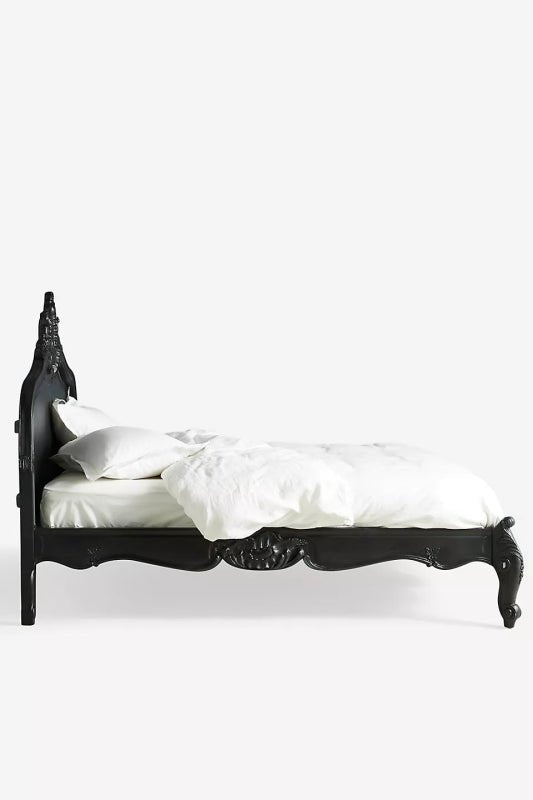 French Style Black Rocco Menara Bed with hand carved detail side view 