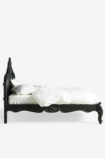 French Style Black Rocco Menara Bed with hand carved detail side view 