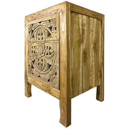 Hand Carved Brown Bedside Table in Natural Wood Bedside Table - Bone Inlay Furnitures
