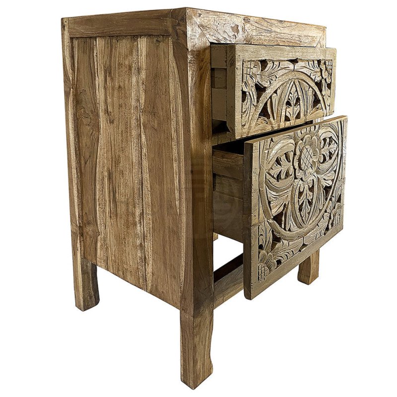 Hand Carved Brown Bedside Table in Natural Wood Bedside Table - Bone Inlay Furnitures
