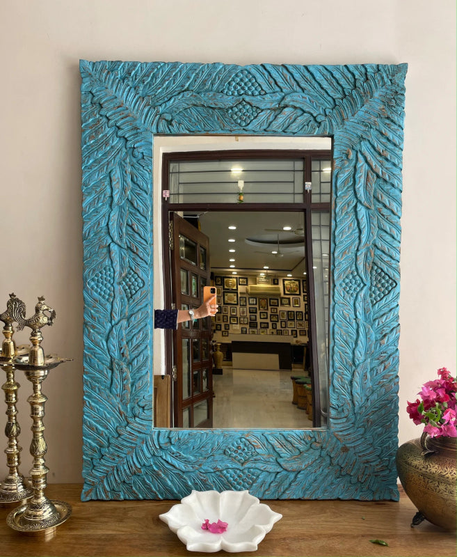 Hand Carved Elegant Floral Leaf Work Wooden Mirror Frame mirror frame - Bone Inlay Furnitures