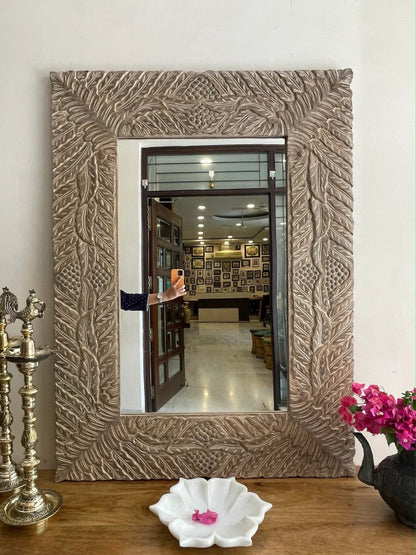 Hand Carved Elegant Floral Leaf Work Wooden Mirror Frame mirror frame - Bone Inlay Furnitures