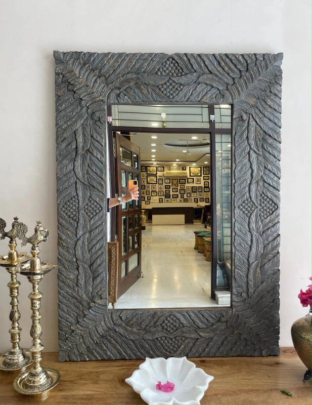 Hand Carved Elegant Floral Leaf Work Wooden Mirror Frame mirror frame - Bone Inlay Furnitures