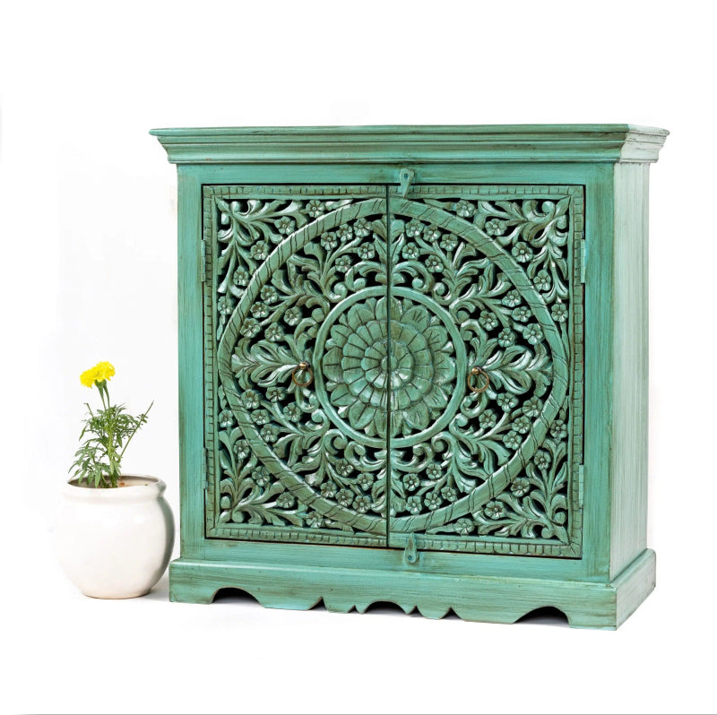 Hand Carved Emerald Green Hallway Cabinet Cabinet - Bone Inlay Furnitures