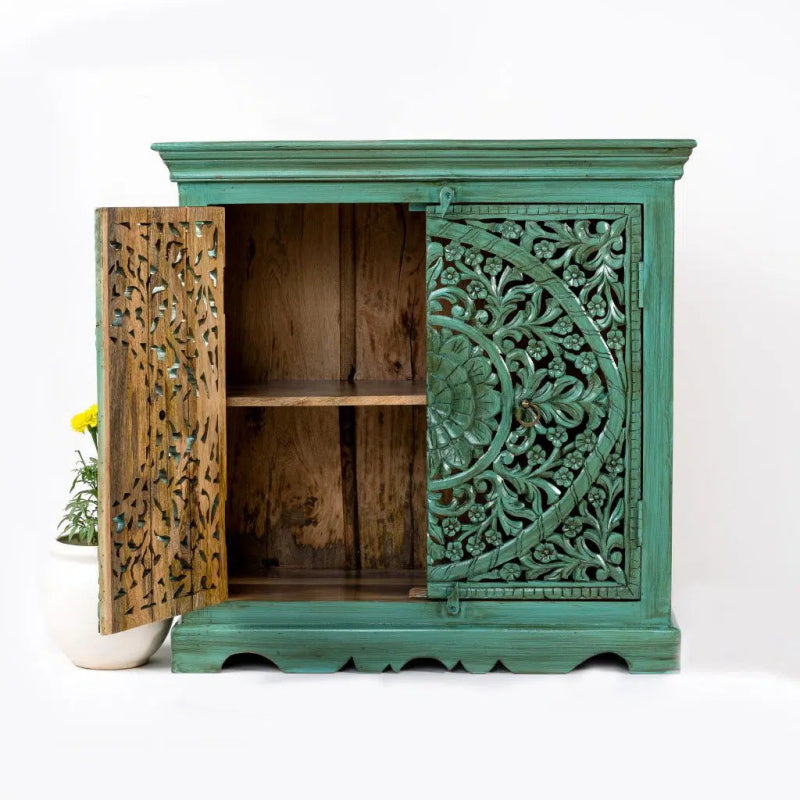 Hand Carved Emerald Green Hallway Cabinet Cabinet - Bone Inlay Furnitures