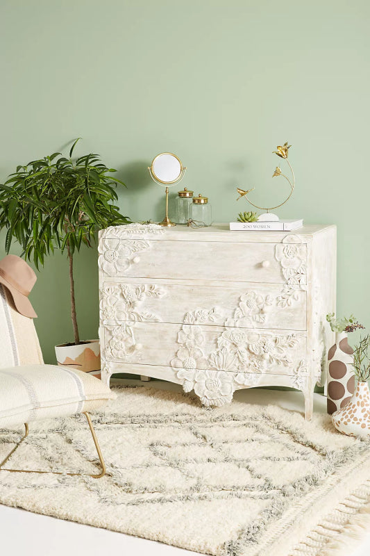 Hand Carved Enchantment Three Drawer Dresser Flower Design in White Color Chest of Drawers - Bone Inlay Furnitures
