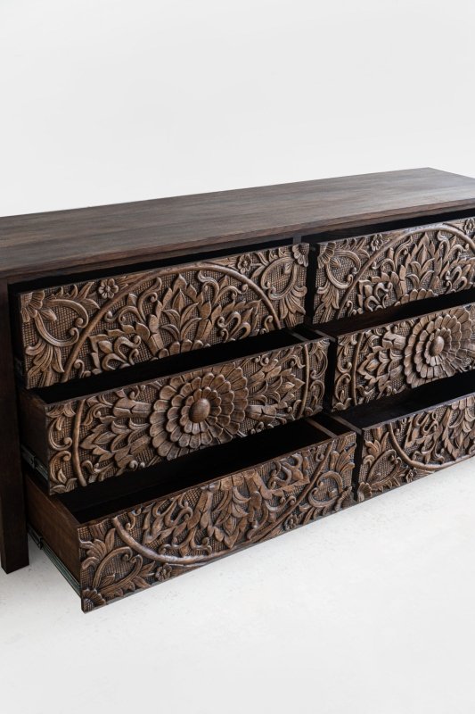 Hand Carved Floral Brown Color Design Wooden Dresser | Chest of Six Drawers Chest of Drawers - Bone Inlay Furnitures