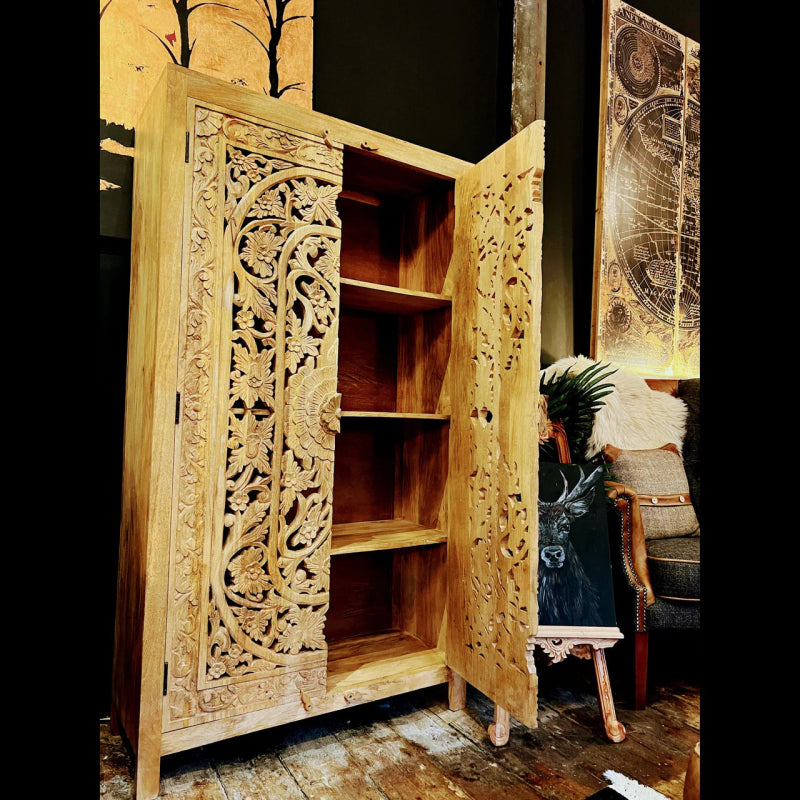 Hand Carved Floral Design Two Door Almirah Wardrobe - Bone Inlay Furnitures