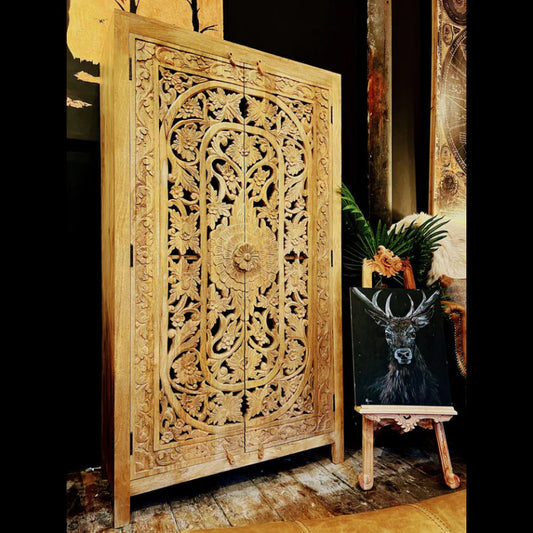 Hand Carved Floral Design Two Door Almirah Wardrobe - Bone Inlay Furnitures