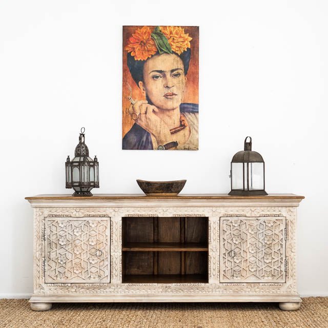 Hand Carved Floral Design Wood Carving Media Unit Table Media Console Table - Bone Inlay Furnitures