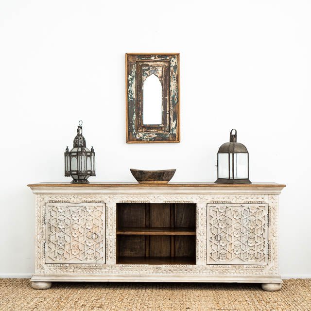 Hand Carved Floral Design Wood Carving Media Unit Table Media Console Table - Bone Inlay Furnitures