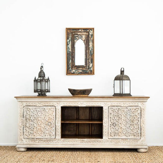 Hand Carved Floral Design Wood Carving Media Unit Table Media Console Table - Bone Inlay Furnitures