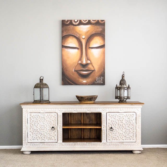 Hand Carved Floral Design Wood Carving Media Unit Table Media Console Table - Bone Inlay Furnitures