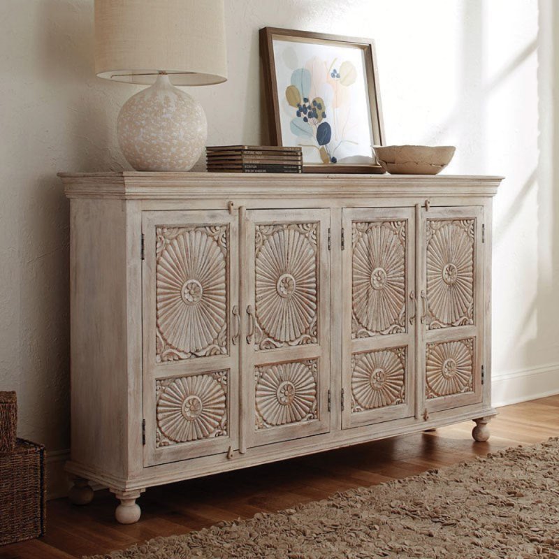 Hand Carved Four Door Rustic Wooden Traditional Sideboard Cabinet Sideboard - Bone Inlay Furnitures