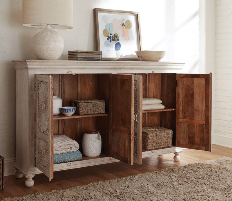 Hand Carved Four Door Rustic Wooden Traditional Sideboard Cabinet Sideboard - Bone Inlay Furnitures