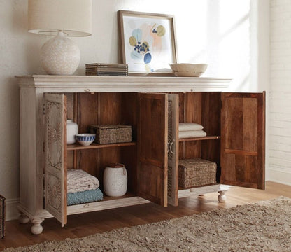 Hand Carved Four Door Rustic Wooden Traditional Sideboard Cabinet Sideboard - Bone Inlay Furnitures
