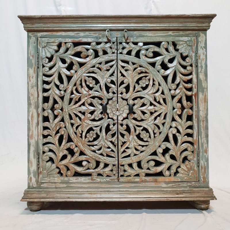 Hand Carved French Wooden Cabinet Rustic Small Sideboard with Two Door Cabinet - Bone Inlay Furnitures
