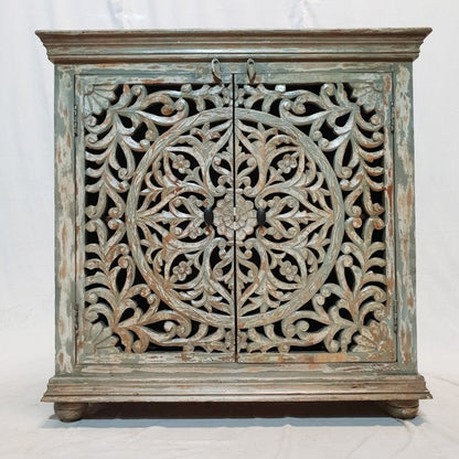 Hand Carved French Wooden Cabinet Rustic Small Sideboard with Two Door Cabinet - Bone Inlay Furnitures