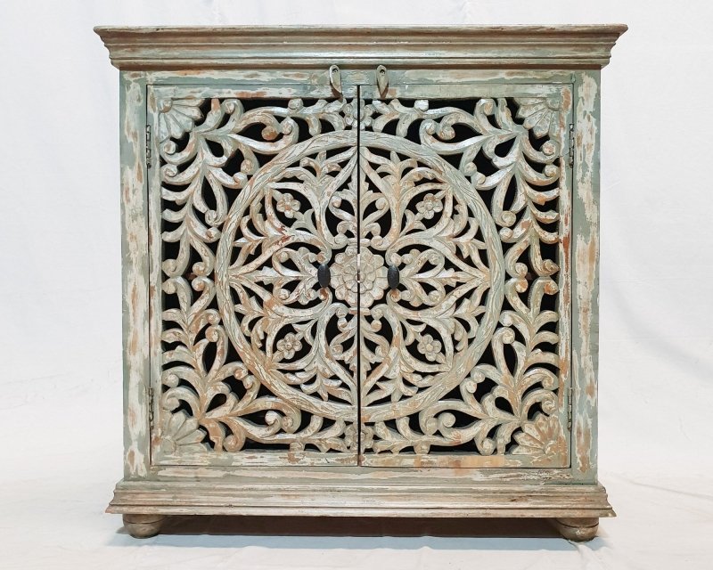 Hand Carved French Wooden Cabinet Rustic Small Sideboard with Two Door Cabinet - Bone Inlay Furnitures