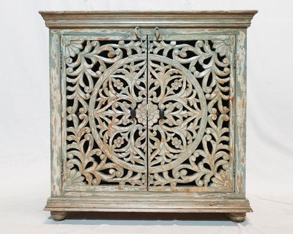 Hand Carved French Wooden Cabinet Rustic Small Sideboard with Two Door Cabinet - Bone Inlay Furnitures