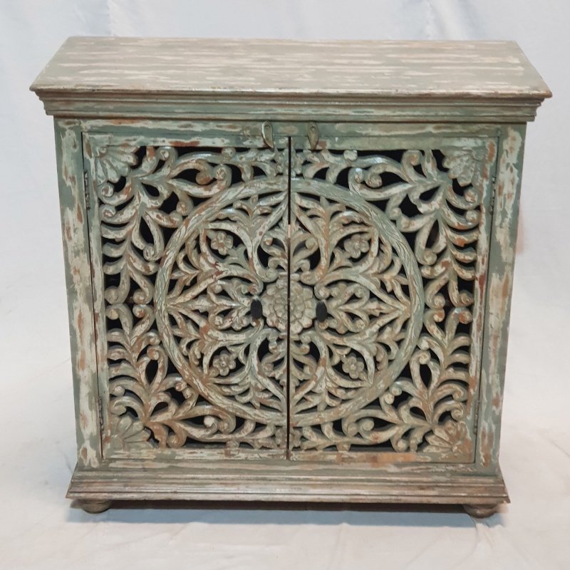 Hand Carved French Wooden Cabinet Rustic Small Sideboard with Two Door Cabinet - Bone Inlay Furnitures