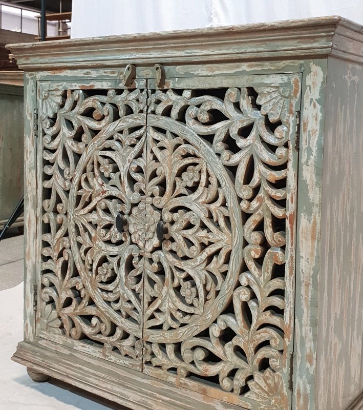 Hand Carved French Wooden Cabinet Rustic Small Sideboard with Two Door Cabinet - Bone Inlay Furnitures