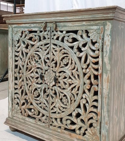 Hand Carved French Wooden Cabinet Rustic Small Sideboard with Two Door Cabinet - Bone Inlay Furnitures