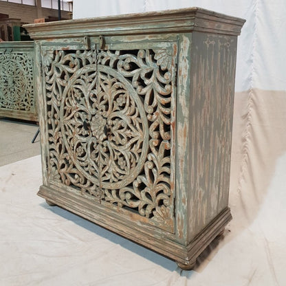 Hand Carved French Wooden Cabinet Rustic Small Sideboard with Two Door Cabinet - Bone Inlay Furnitures