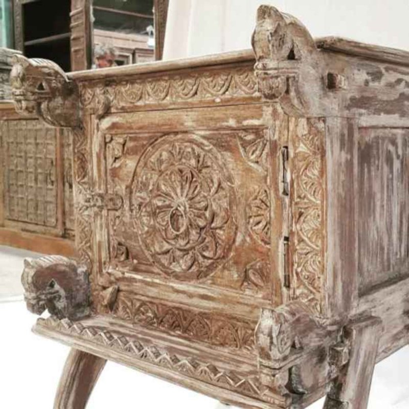 Hand Carved Indian Nightstand Table with One Door Nightstand - Bone Inlay Furnitures