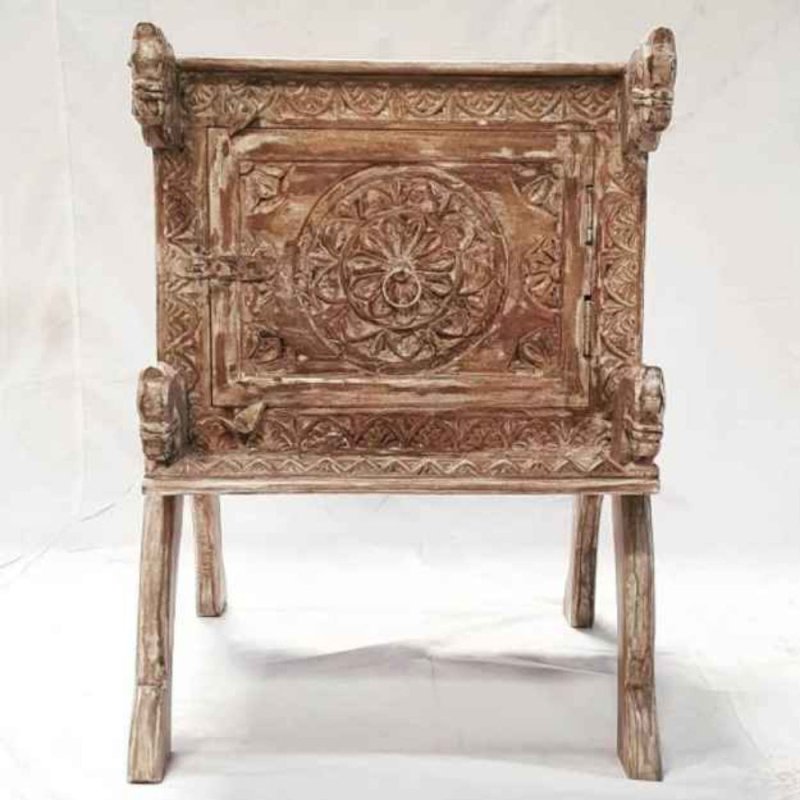 Hand Carved Indian Nightstand Table with One Door Nightstand - Bone Inlay Furnitures