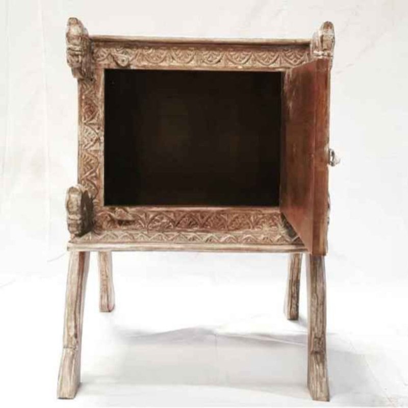 Hand Carved Indian Nightstand Table with One Door Nightstand - Bone Inlay Furnitures