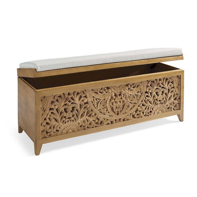 Hand Carved Indian Solid Wood Upholstered Storage Trunk Bench bench - Bone Inlay Furnitures