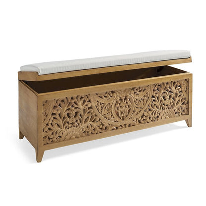 Hand Carved Indian Solid Wood Upholstered Storage Trunk Bench bench - Bone Inlay Furnitures