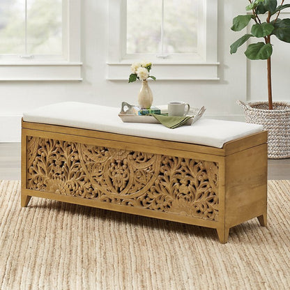 Hand Carved Indian Solid Wood Upholstered Storage Trunk Bench bench - Bone Inlay Furnitures
