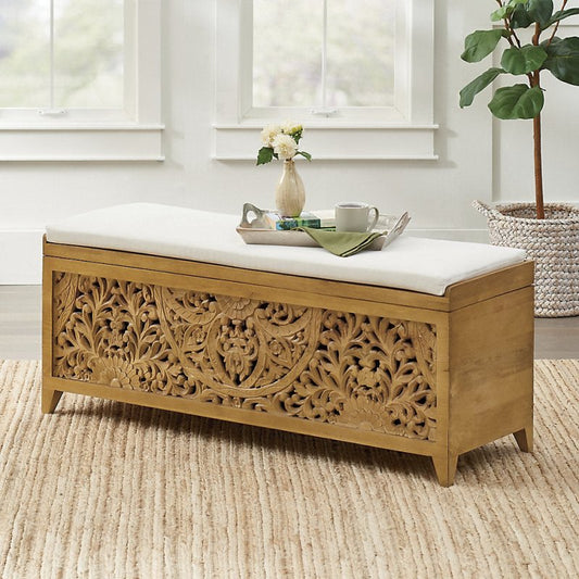 Hand Carved Indian Solid Wood Upholstered Storage Trunk Bench bench - Bone Inlay Furnitures