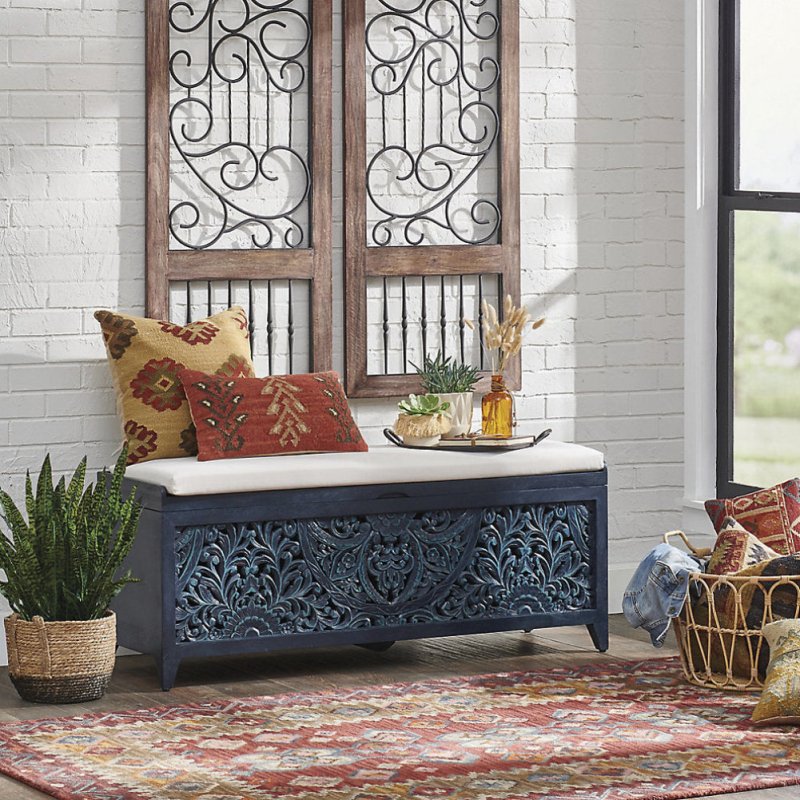 Hand Carved Indian Solid Wood Upholstered Storage Trunk Bench bench - Bone Inlay Furnitures