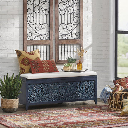 Hand Carved Indian Solid Wood Upholstered Storage Trunk Bench bench - Bone Inlay Furnitures