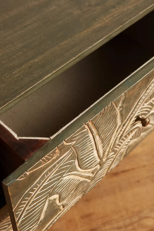 Hand Carved Leaf Design Nightstand | Latest Indian Design Bedside Table Nightstand - Bone Inlay Furnitures