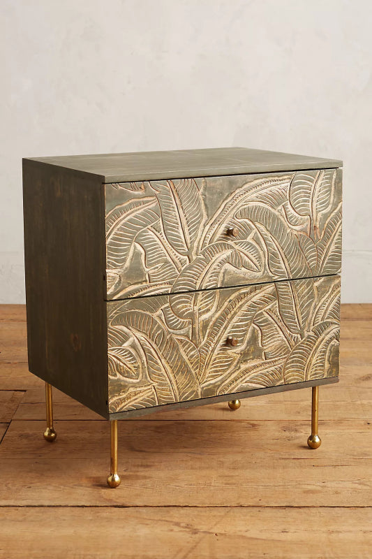 Hand Carved Leaf Design Nightstand | Latest Indian Design Bedside Table Nightstand - Bone Inlay Furnitures